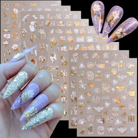White Flowers Nail Art Stickers, Holographic 3D Floral Nail Self-Adhesive Sticker Design, Laser Gold Floral Rose Leaf Vine Bee Nail Art Decals Supplies for Women Girls Manicure Sparkly Decorations