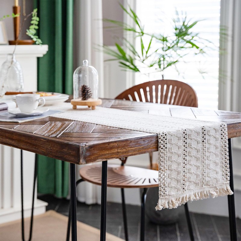 Macrame Table Runners Cotton Linen Fringe Boho Table Runner, Rustic