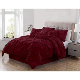 7 Piece Boho Chic Tufted Pin-Tuck Pleat Style Luxury Comforter Set Cal.King Size Tufted Farmhouse Textured Bed in a Bag | All Seasons Burgundy Red Color Aesthetic Bedding Soft Plush Cozy Look