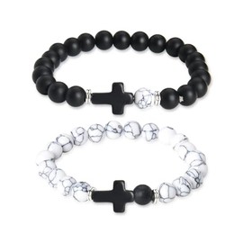 Couples Bracelets for Him and Her Wife Husband Anniversary Valentines Gifts for Boyfriend Girlfriend Best Friend Birthday Gift Cross Bracelet for Women Men Natural Stones Bracelets Set for 2