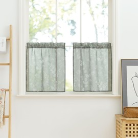 PONY DANCE Net Curtains Sage Green Curtain Short Window Transparent Kitchen Curtain with White Leaf Pattern Set of 2 W 60 x H 90 cm Linen Look Curtains with Rod Pull