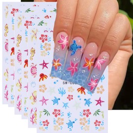 Summer Ocean Floral Nail Stickers-3D Self Adhesive Cute Flowers Sea Turtle Starfish Manicure Nail Decals Accessories Slider Spring Summer Floral for Women DIY Nail Art Decorations 6 Sheets