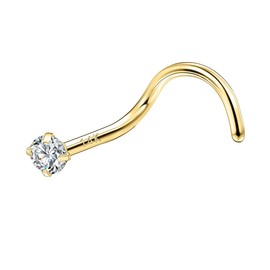 SYLWIA 14K Solid Gold Nose Studs Rings 20g, Moissanite Corkscrew L Shaped Nose Rings, Hypoallergenic 20 Gauge Nose Ring Piercing for Women Wen Gifts - 2mm 2.5mm 3mm Moissanite, Yellow Gold, moissanite