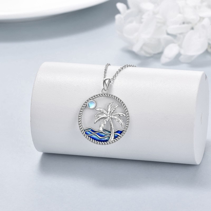POPLYKE Palm Tree Necklace Sterling Silver Moonstone Ocean Wave Beach