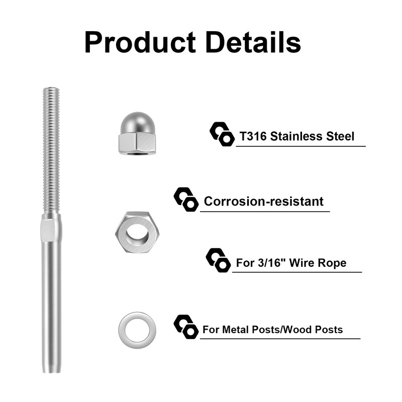BLIKA 100 Pack 3/16" Cable Railing Swage Threaded Stud Tension