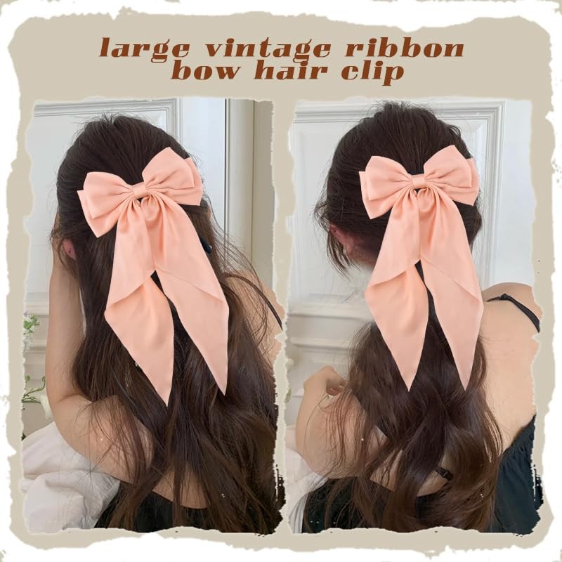 Coquette Satin Bowknot Barrettes Clips Long Tail Big Champagne Pink