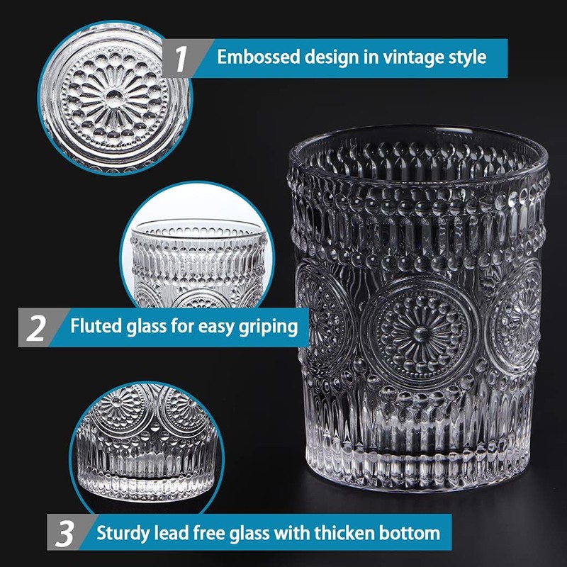 MDLUU 6-Pack Embossed Drinking Glasses, Romantic Glassware, Vintage Glass Tumblers