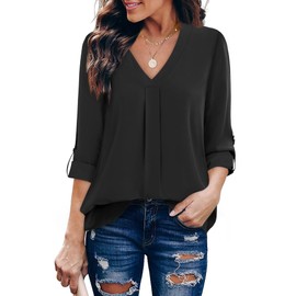 Youtalia Tunic Tops for Leggings for Women, 3/4 Sleeve Solid V Neck Casual Fitted Chiffon Blouse (XX-Large, Black)