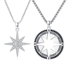 Midir&Etain Compass Pendant Necklace 925 Sterling Silver Couple Necklace Set His And Hers Valentine's Day Gifts Matching Jewelry for Couples Her Him