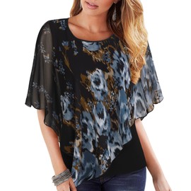 Lotusmile Women's Lightweight Flowy Shirt Double-Layered Printed Chiffon Poncho Blouse Top (Black Blue Floral, Large)