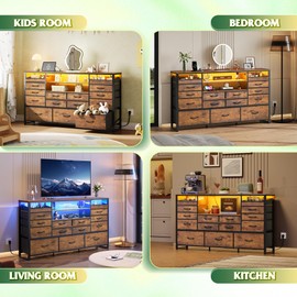 WLIVE 15 Drawer Dresser for Bedroom, Dresser TV Stand for 55, 60, 65 inch TV with Led Lights & Charging Station, Wide Chest of Drawers with Open Shelves, Fabric Dressers for Living Room, Rustic Brown