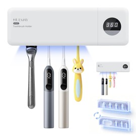 Hulmay UV Toothbrush Holder, Electric Toothbrush Holder Wall Mounted for 4 Slots, Smart Toothbrush Holder with Timer and Cover, Cordless Organizer for Bathroom, Toothbrush & Razor -White