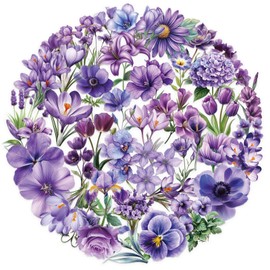 50Pcs Purple Flower Stickers for Scrapbooking - Waterproof Transparent Floral Botanical Sticker for Journaling, Crafts, Art Projects, Glass Potion Bottles (Violet)