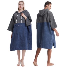 Hiturbo Changing Robe, Absorbent Quick Dry Surf Poncho, 3/4 Sleeve Microfiber Hooded Towel for Beach Swimming Surfing Bathing (Gray/Navy)
