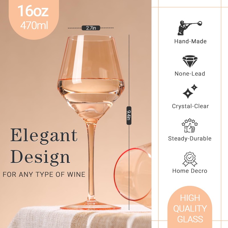 Colorsavant Peach Color Wine Glasses Set 6-16oz Blush Pink Wine