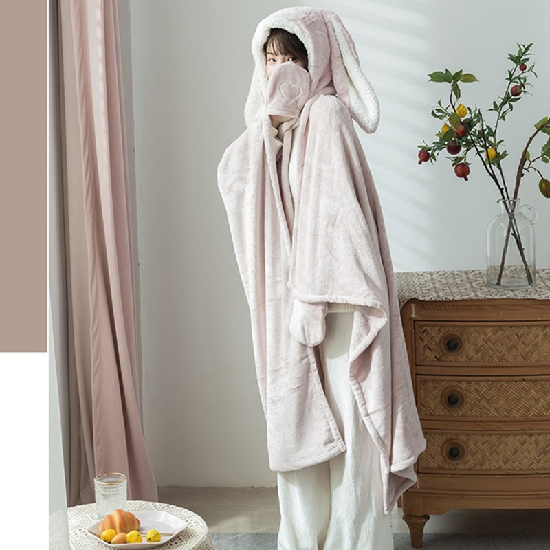 Hooded Blanket Wearable Polyester Plush Rabbit Ear Hooded Blanket Throw