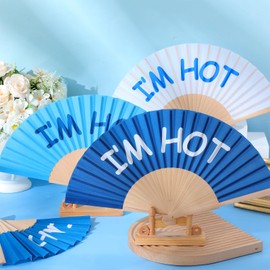 Chuangdi 4 Pcs I'm Hot Folding Fan for Line Dancing Handheld Wooden Foldable Rave Hand Fans with Organza Bags for Women Men Gifts Concerts Festival Wedding Party Favors Decoration(Blue)