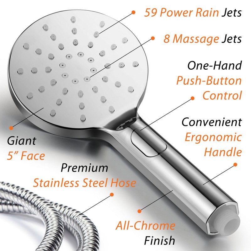 AquaSpa 6-inch Rain Shower Head/Handheld Combo. Convenient Push-Button Flow Control