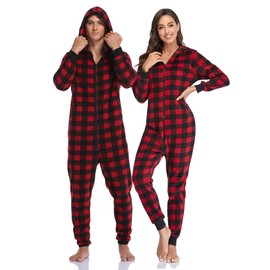 COLORFULLEAF Couples Matching Christmas Pajamas Sets Hooded Fleece Zipper Plaid Pjs Set Union Suits Soft Warm Jumpsuit(Mens, DR, M)