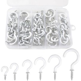 90 Pcs White Ceiling Hooks kit, 6 Sizes Vinyl Coated Screw-in Plant, Kitchen, Cup, Ceiling Hooks for Hanging (1/2in, 5/8in,3/4in,7/8in,1'',1-1/4in)