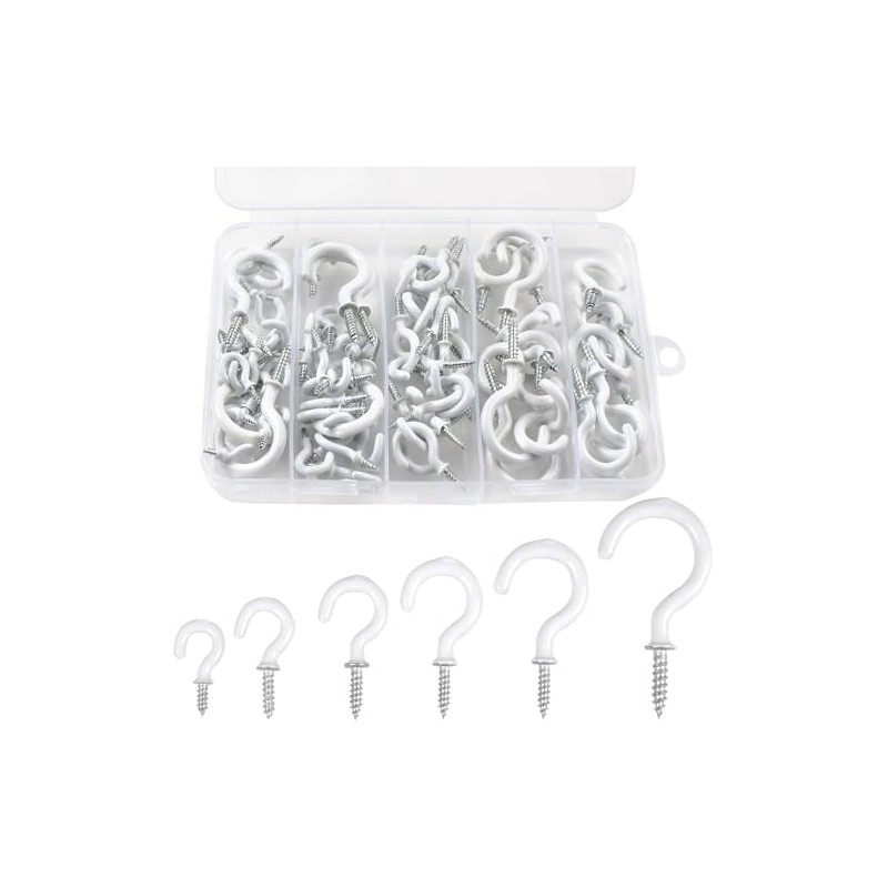 90 Pcs White Ceiling Hooks kit, 6 Sizes Vinyl Coated