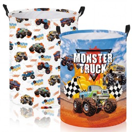Fiwochic 2 Pcs Monster Truck Laundry Hamper Basket Monster Truck Room Decor 17.32 x 13.78 Inch Round Collapsible Toy Storage Organizer Clothes Basket with Waterproof Layer for Closet Bedroom Playroom