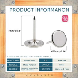 Gullveig Silver Push Pins and Thumb Tacks: Heavy Duty Flat Upholstery, Long Carpet Tacks, and Decorative Nails for Wood and Fabric, 30 Count