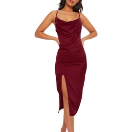 YouSexy Women's Sexy Sleeveless Spaghetti Strap Satin Dress Elegant Slip Nightgown Midi Dress Wine Red