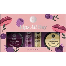 Lips All Day | Incluye 2 bálsamos labiales, máscara de labios y exfoliante labial en glaseado de vainilla y sabores de explosión de bayas