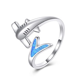 HUKKUN Hammerhead Ring 925 Sterling Silver Adjustable Open Hammerhead Opal Rings Shark Jewelry Ocean Gifts for Women