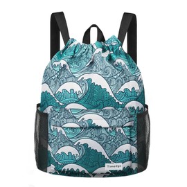 time2go - Mochila deportiva con cordón y bolsillos de malla, resistente al agua, para hombres y mujeres, Ondas azules, Casual