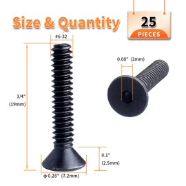 YOUFEN #6-32 X 3/4" Flat Head Socket Cap Screws 10.9 Grade Carbon Steel Hex Socket Countersunk Screw Bolts, Fully Threaded, Black Oxide, 25 Pcs