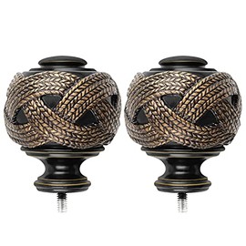 USFOOK Window Treatment Finials for 1 or 7/8 Inch Curtain Rods, Black Drapery Rods Replacement Finials with M6 Screws, Woven Leaf Pattern, 2 Pack