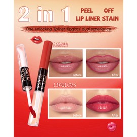 Lip Liner Stain Peel Off，2 in 1 Peel Off Lip Stain and Clear Lip Gloss, Long Lasting Waterproof Matte Lipliner Tattoo Tint, Shiny Lipgloss, Transfer-proof Lipstain Peel-off, Makeup Gift for Women-02