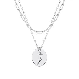 JJTZX Dainty Layered Birth Flower Necklace Oval Birth Month Flower Pendant Paperclip Chain Toggle Clasp Choker Necklaces for Women (January-Snowdrop)