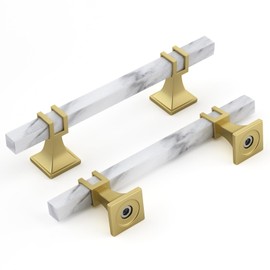 Rergy Cabinet Handles Marble Drawer Pulls and Knobs, 10Pack White Marble & Matte Gold &Square 4inch Hole Center, T-Bar Hardware for Kitchen Dresser Zinc Alloy Furniture