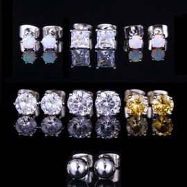 18K White Gold Plated Multipack Earrings for Women Men Hypoallergenic Stud Opal CZ Cubic Zirconia Pierced Post Sensitive Pack of 7 Piercing Post