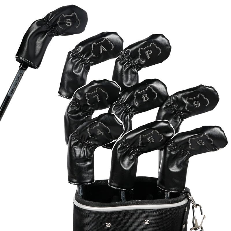 Leather Golf Club Iron Head Covers 9 Piece Set Cat