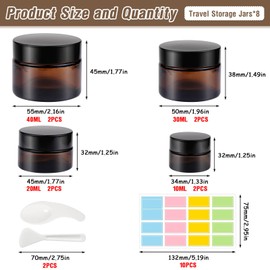 Rierousy Pack of 8 Cream Jars for Filling 10 ml 20 ml 30 ml 50 ml Empty Brown Glass Jars / Refillable Containers / Ointment Jars with Lid and Liner Lotion, Creams and Cosmetics