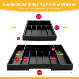 oridom Large Premium Bamboo Silverware Organizer - Expandable Drawer Organizer & Utensil Organizer - 17"x19.7" Cutlery Tray with Dividers for Kitchen Utensils and Flatware (7-9 Slots) (Black)