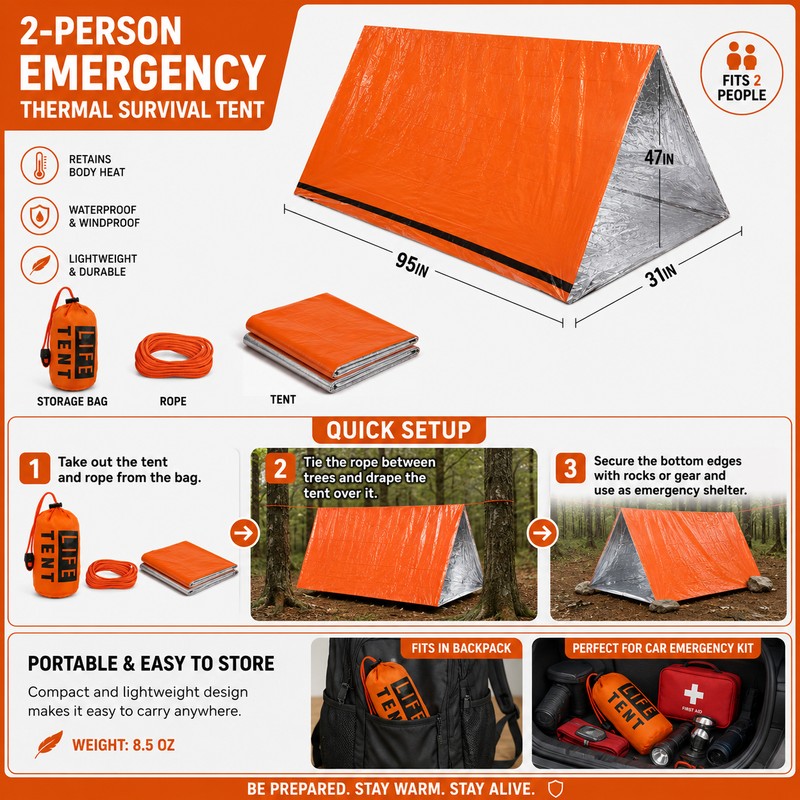 2-Person Emergency Tent for Camping – Waterproof Thermal Survival Shelter