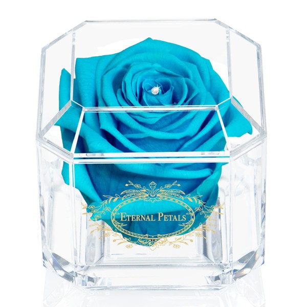 Eternal Petals A 100% Real Rose That Lasts Years, Handmade in UK – Gold Solo with A Multicolour Swarovski Crystal (Blue Lagoon)