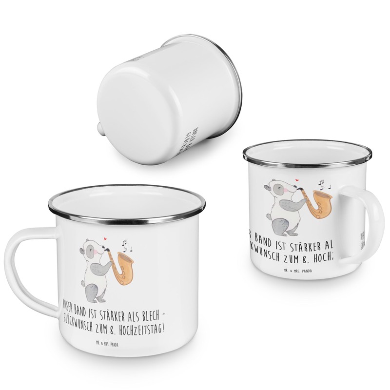 Mr. & Mrs. Panda Camping Emaille Tasse 8. Hochzeitstag Blechhochzeit