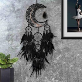 Large Dream Catcher,Moon Dream Catchers with Chakra Gemstone Agate Stone,Black Crystal Tree of Life Dream Catcher,Dream Catchers for Adults,Boho Bedroom Decor (Black Natural Gem Agate)