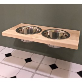 Chic, Floating, Wood, Height-Flexible Wall Mount Dog/Cat/Pet Food & Water Bowl Holder/Feeder with 2 S.S. Dishwasher-Safe Bowls (~ 2 Quart / 64 oz / 1890 ml) for Large Pets. 2-Screw Installation.