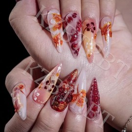 24Pcs Autumn Press On Nails Long Almond Fake Nails with 3D Flower Butterfly Wings Rhinestones Design Glitter Gold Maple Leaf False Nails Handmade Fall Leaves Stick on Nail Thanksgiving Holiday Set
