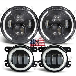 Unbranded EMC 130W 7" Round LED Headlight 4" LED Fog Light Spot Lamp Kit For Jeep JK 07-17