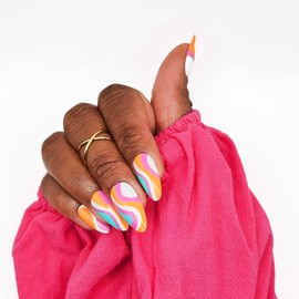 Daringly Posh Press-On Nails | Retro Babe | Medium Almond Shape | Groovy multicolored swirls in pink, teal, orange, and white | 24 Nails in 12 Sizes | Includes ultra-strength nail glue, tabs & tools.