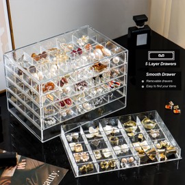 YUFONG Earring Holder Organizer Acrylic Earring Storage Box for Girls Women Jewelry Organizer Display Case with 100 Small Compartment (Clear, 5 Drawers)