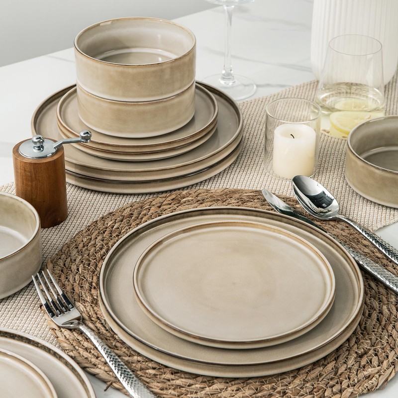AmorArc Ceramic Dinnerware Sets, Handmade Reactive Glaze Stoneware Plates and